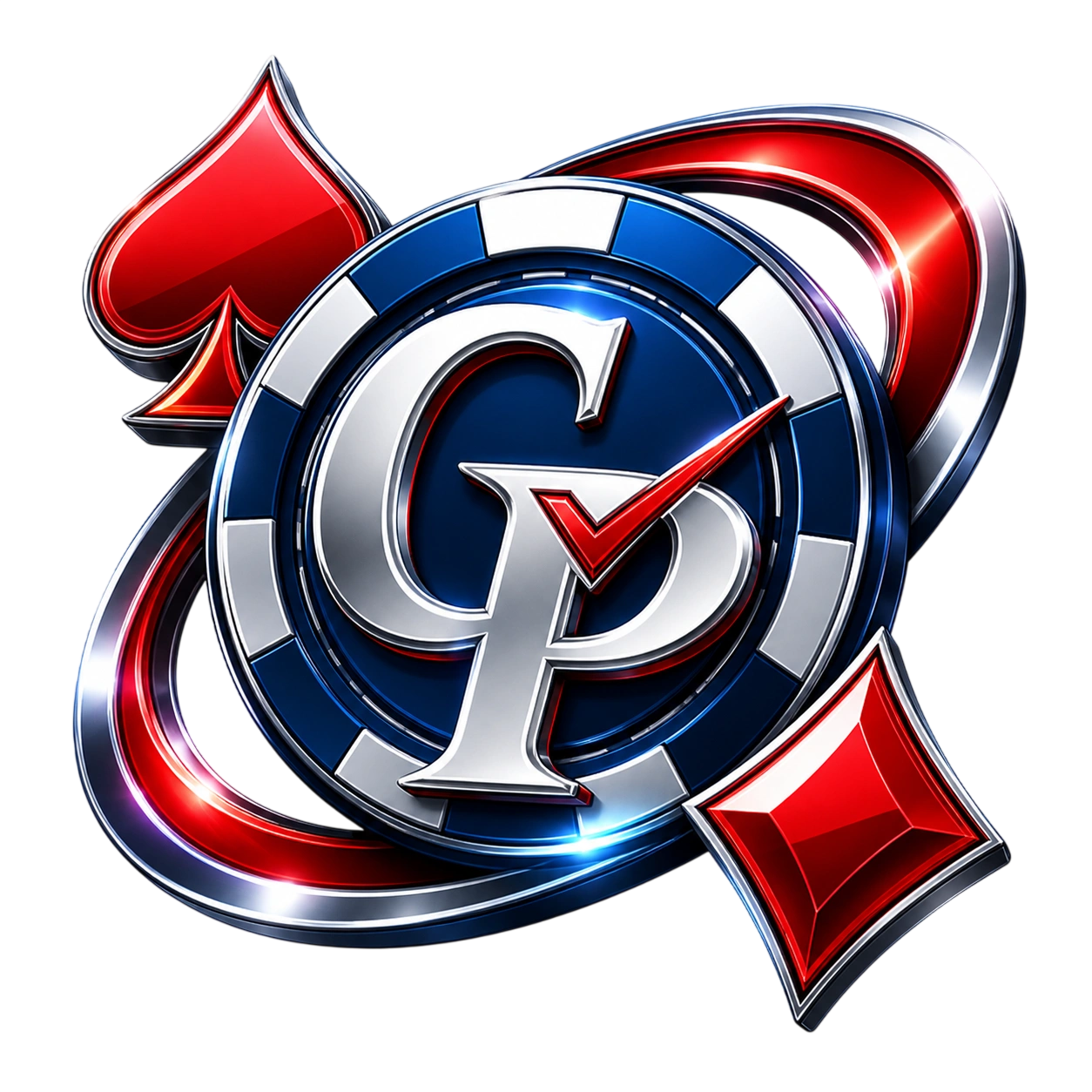 GP poker chip with checkmark overlay gold silver letters secure verified gaming concept