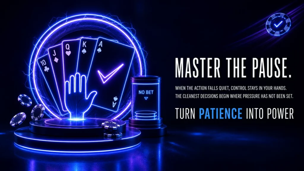 Neon India poker hand with no bet signal and glowing cards illustrating patience strategy and decision control